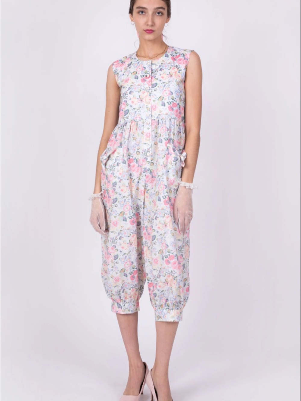 Batsheva Pastel Floral Sleeveless Cropped Jumpsuit
